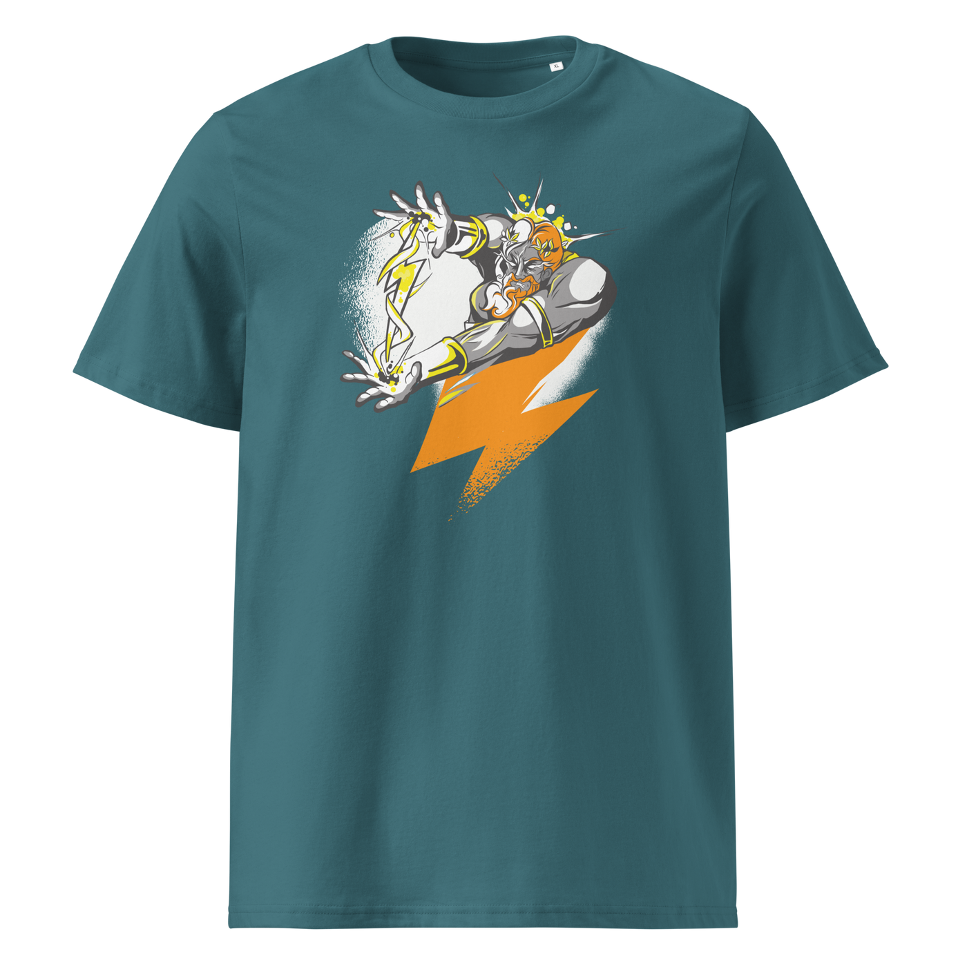 Bitcoin Support Zeus organic cotton bitcoin t-shirt in Stargazer, front view: Zeus hurling an orange lightning bolt from a cloud.