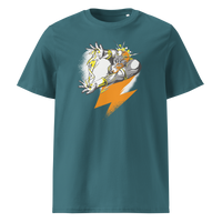 Bitcoin Support Zeus organic cotton bitcoin t-shirt in Stargazer, front view: Zeus hurling an orange lightning bolt from a cloud.