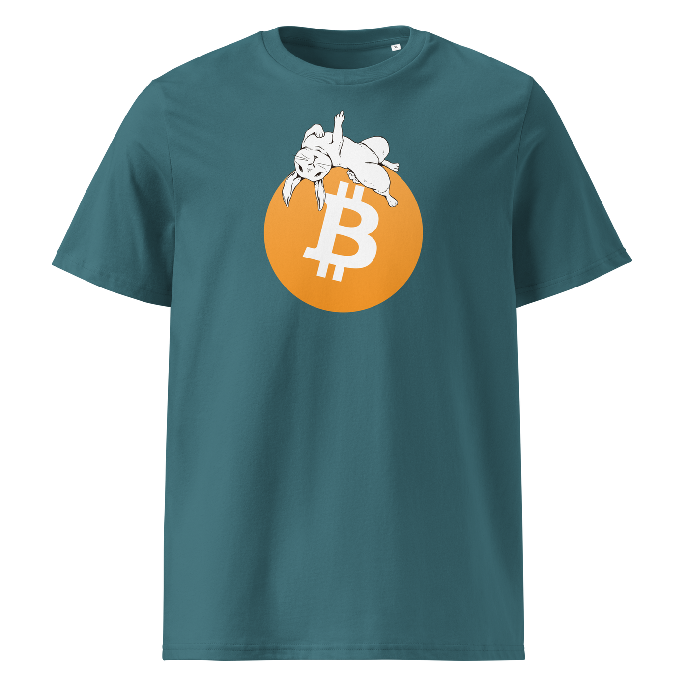 White Rabbit Bitcoin - F*** Fiat Money organic cotton bitcoin t-shirt in Stargazer, front view: a white rabbit leaping over a large orange bitcoin coin.
