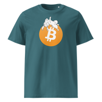 White Rabbit Bitcoin - F*** Fiat Money organic cotton bitcoin t-shirt in Stargazer, front view: a white rabbit leaping over a large orange bitcoin coin.