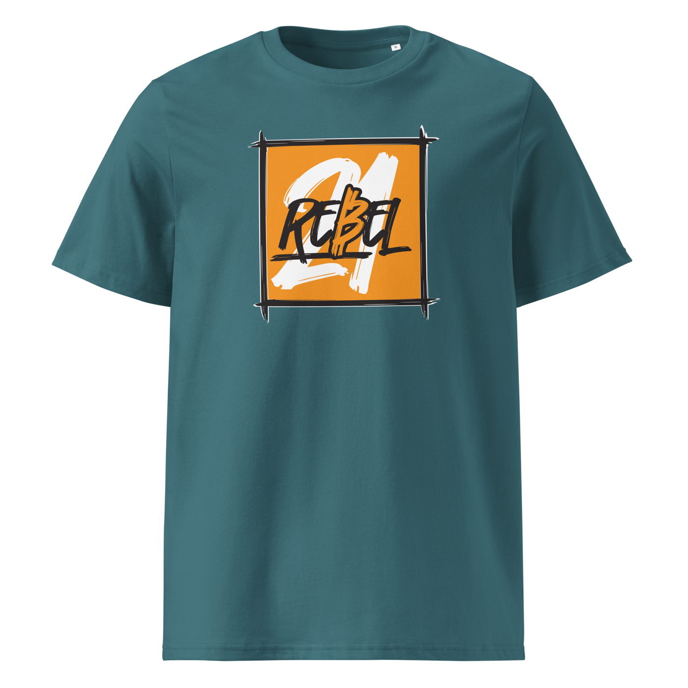 21 Rebel organic cotton bitcoin t-shirt in Stargazer, front view: a brushed orange square with 21 REBEL in white and black lettering.