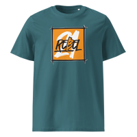21 Rebel organic cotton bitcoin t-shirt in Stargazer, front view: a brushed orange square with 21 REBEL in white and black lettering.