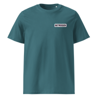 Betrüger anarcho late night organic cotton t-shirt in Stargazer, front view: a small black box logo reading Betrueger on the left chest.