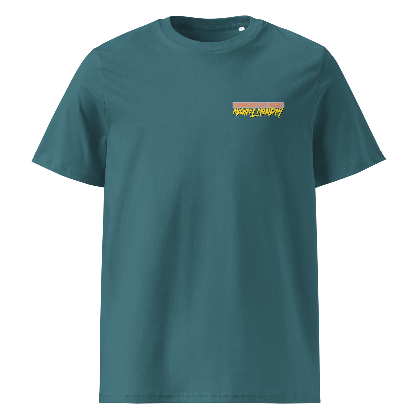 Michael Monday anarcho late night organic cotton t-shirt in Stargazer, front view: small Michael Monday brush lettering on the left chest.