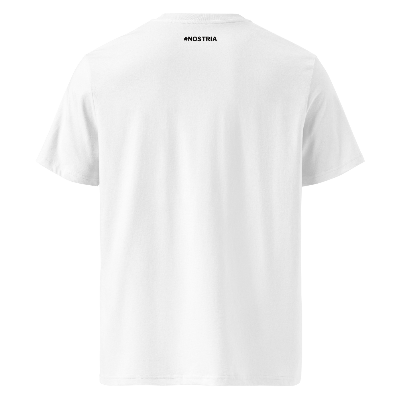 RUN DVM organic cotton nostr t-shirt in White, back view: a small hashtag NOSTRIA print below the neckline.