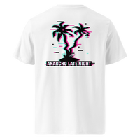Betrüger anarcho late night organic cotton t-shirt in White, back view: neon glitch palm trees above a banner reading Anarcho Late Night.