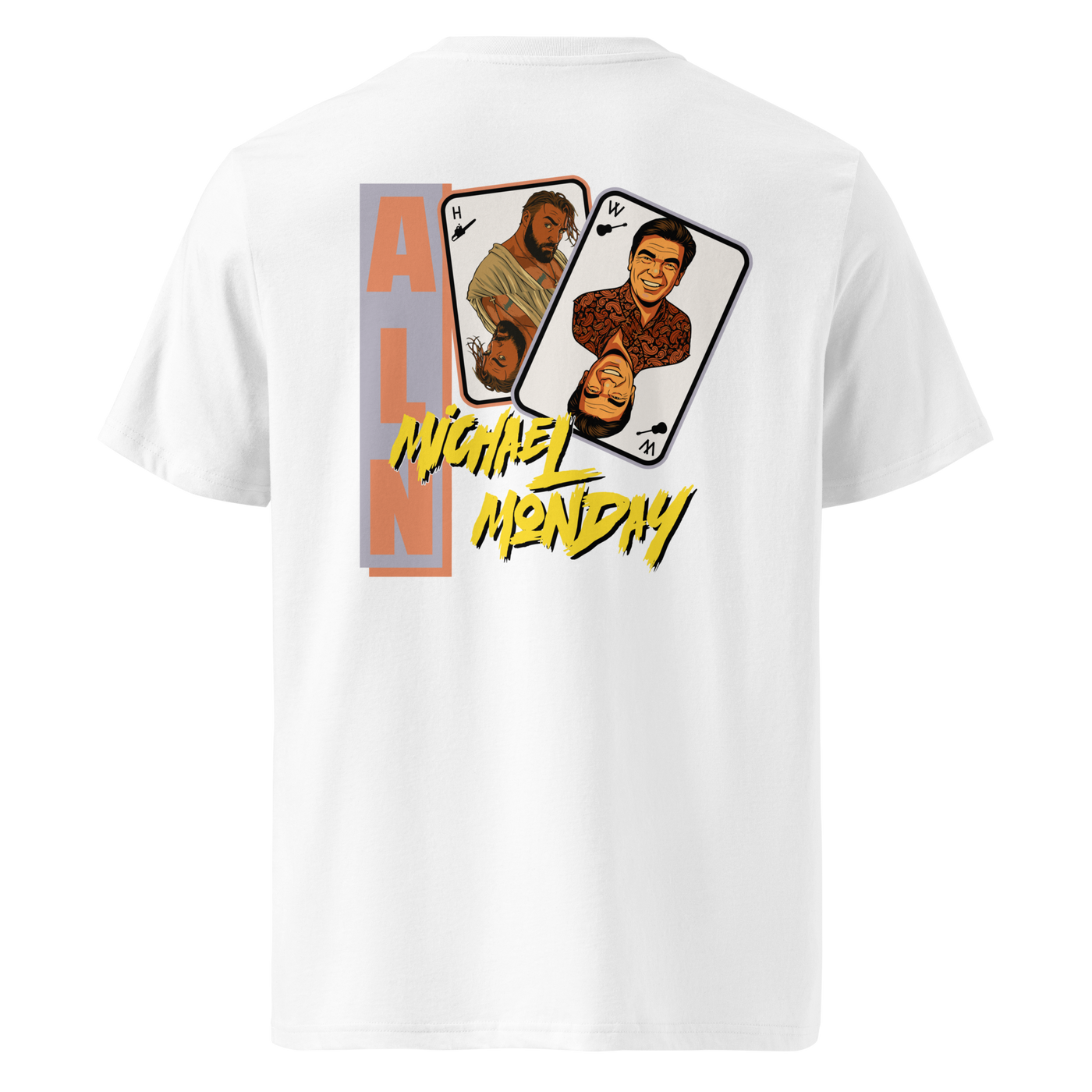 Michael Monday anarcho late night organic cotton t-shirt in White, back view: two playing cards with illustrated portraits next to Michael Monday in yellow brush lettering.
