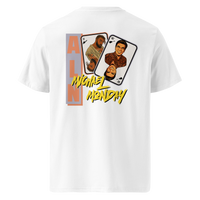 Michael Monday anarcho late night organic cotton t-shirt in White, back view: two playing cards with illustrated portraits next to Michael Monday in yellow brush lettering.