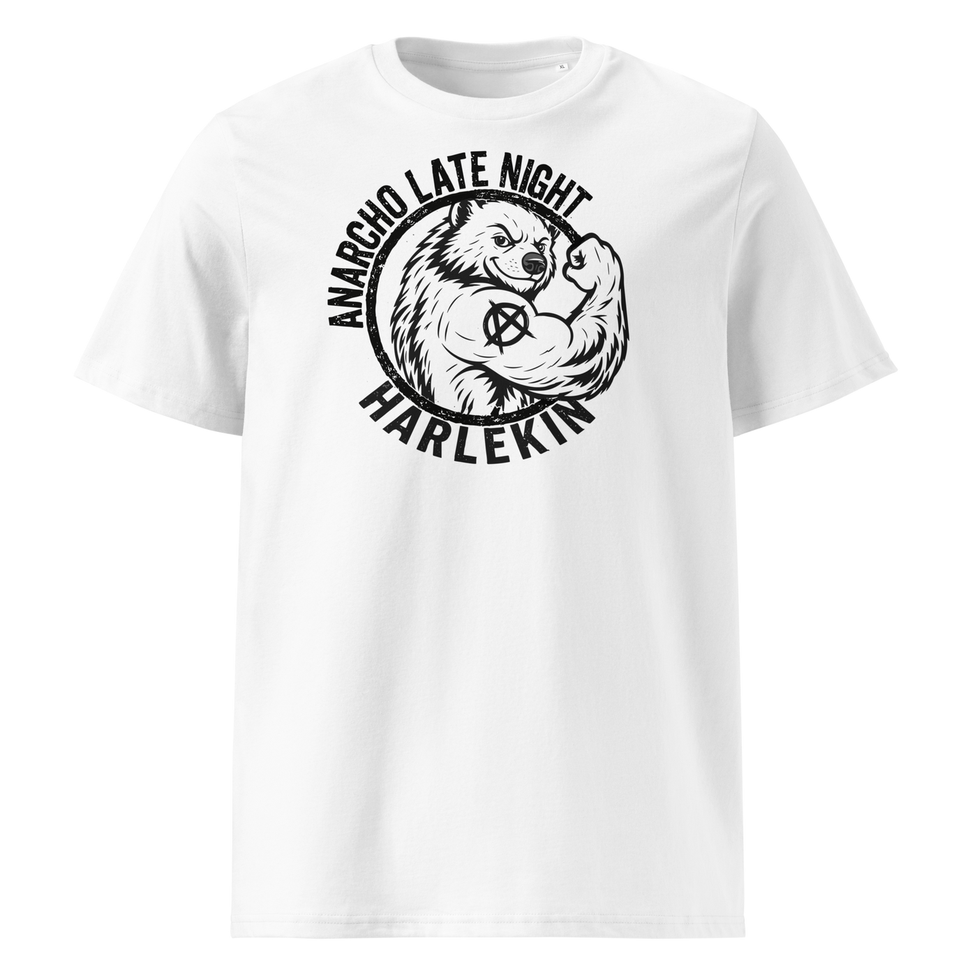 Anarcho Late Night organic cotton t-shirt in White, front view: a round black emblem of a flexing badger reading Anarcho Late Night Harlekin.
