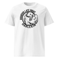 Anarcho Late Night organic cotton t-shirt in White, front view: a round black emblem of a flexing badger reading Anarcho Late Night Harlekin.