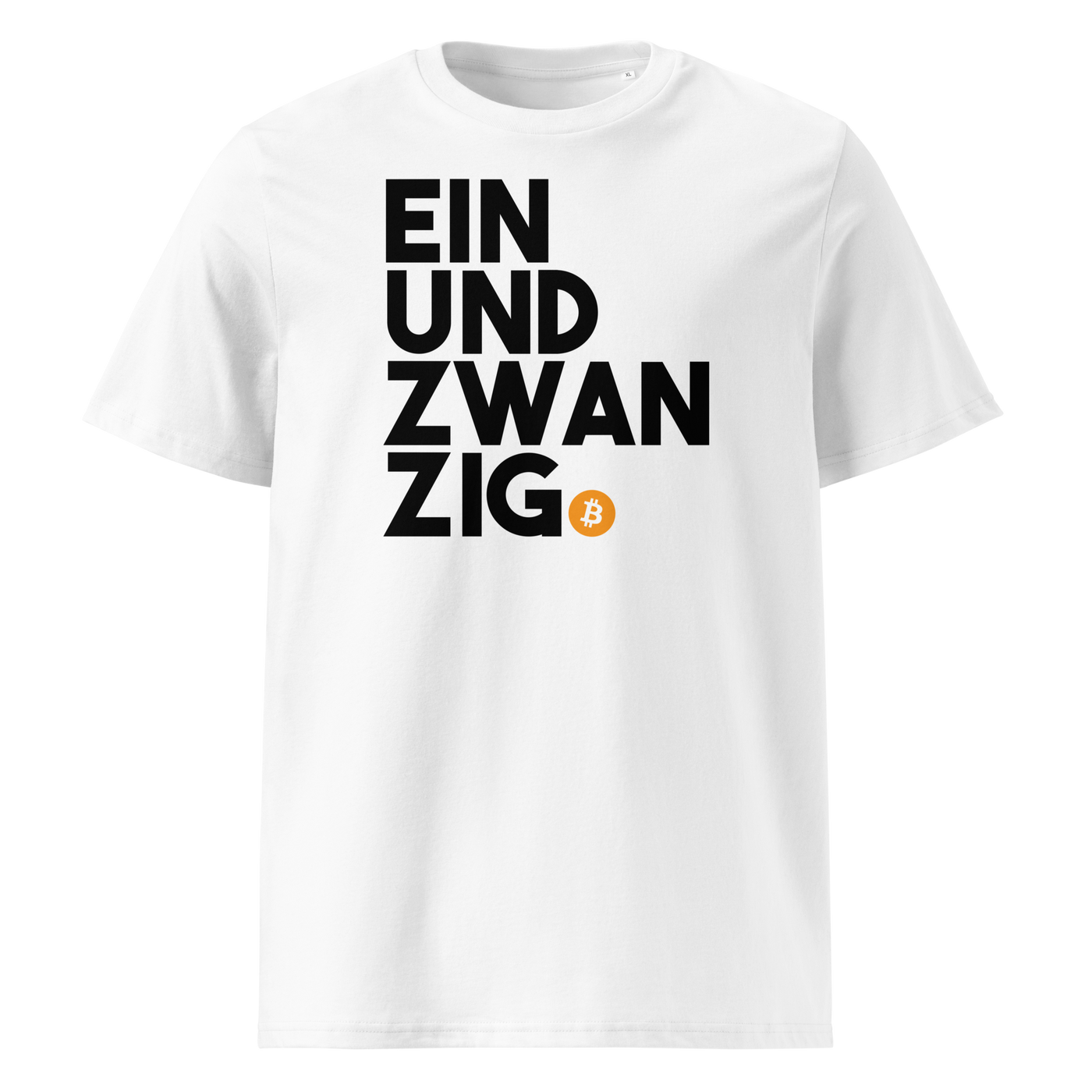 Einundzwanzig organic cotton bitcoin t-shirt in White, front view: Einundzwanzig stacked in black block letters with an orange bitcoin coin.