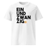 Einundzwanzig organic cotton bitcoin t-shirt in White, front view: Einundzwanzig stacked in black block letters with an orange bitcoin coin.
