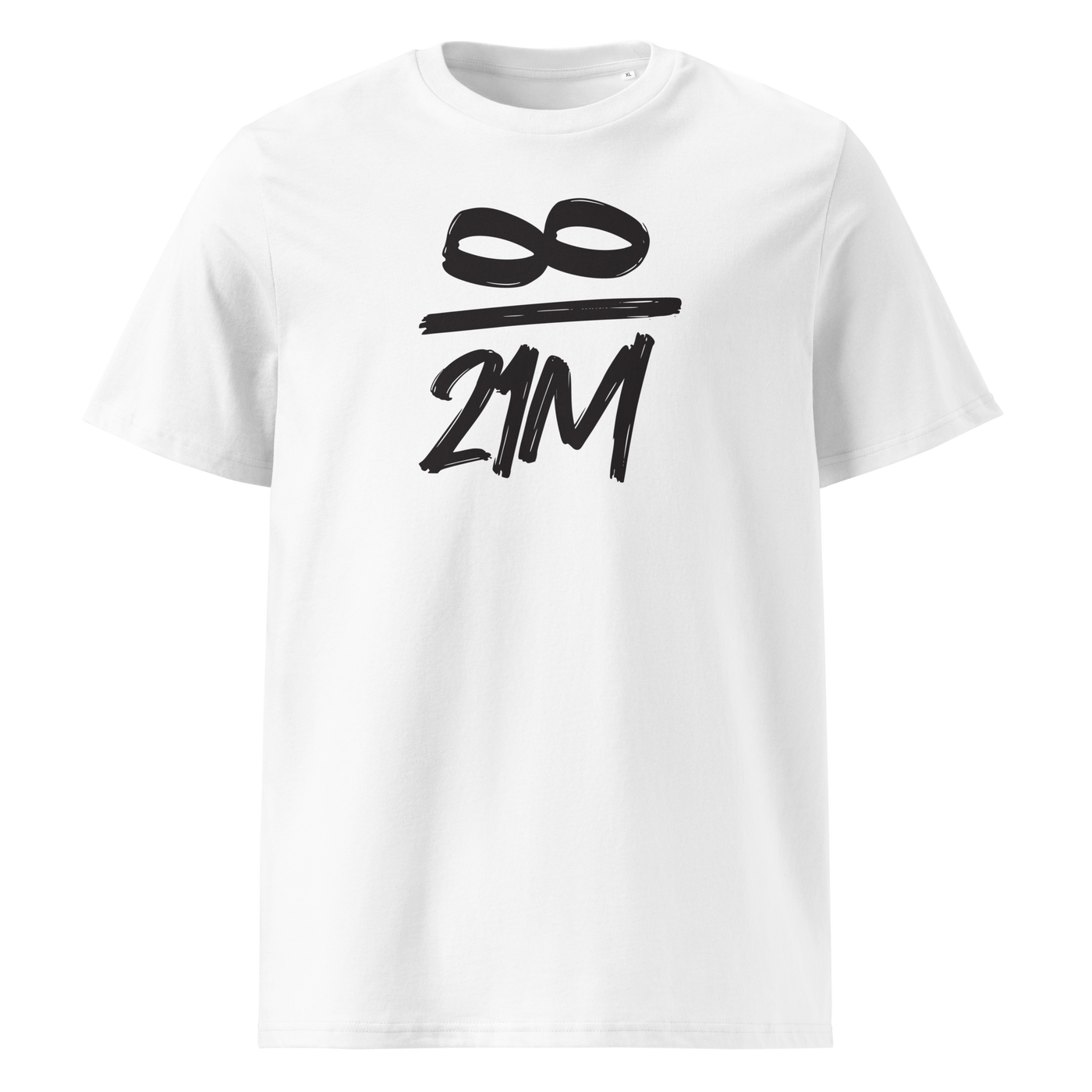 Infinity / 21 Million organic cotton bitcoin t-shirt in White, front view: an infinity symbol over 21M in black brush lettering.