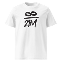 Infinity / 21 Million organic cotton bitcoin t-shirt in White, front view: an infinity symbol over 21M in black brush lettering.