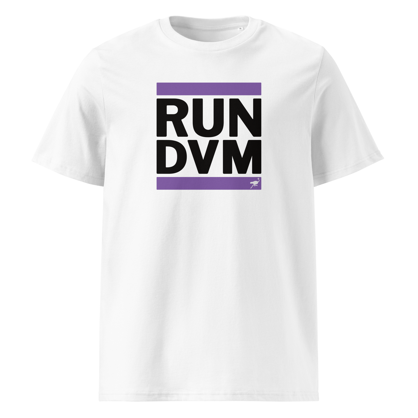 RUN DVM organic cotton nostr t-shirt in White, front view: RUN DVM in black capitals between two purple bars.