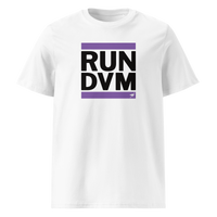 RUN DVM organic cotton nostr t-shirt in White, front view: RUN DVM in black capitals between two purple bars.