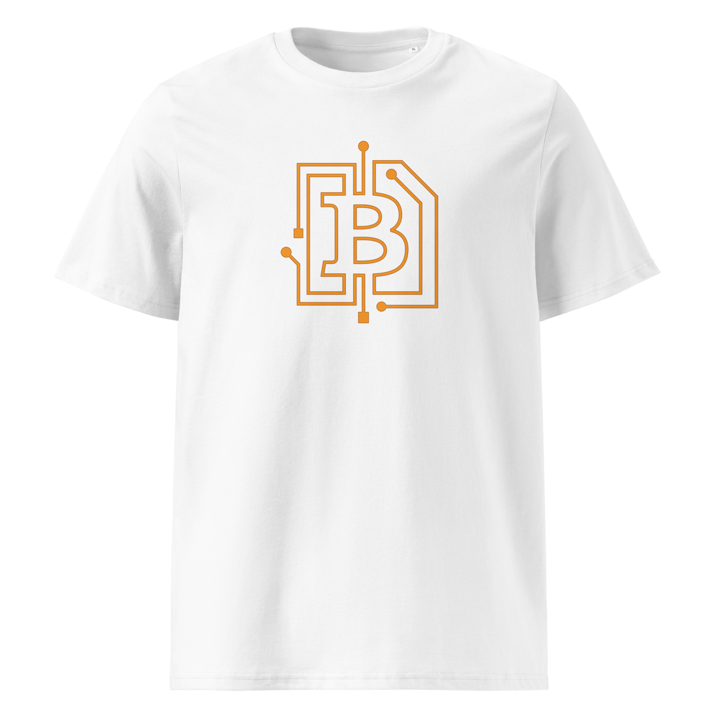 Circuit Board organic cotton bitcoin t-shirt in White, front view: an orange bitcoin B drawn as circuit board traces.