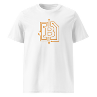 Circuit Board organic cotton bitcoin t-shirt in White, front view: an orange bitcoin B drawn as circuit board traces.