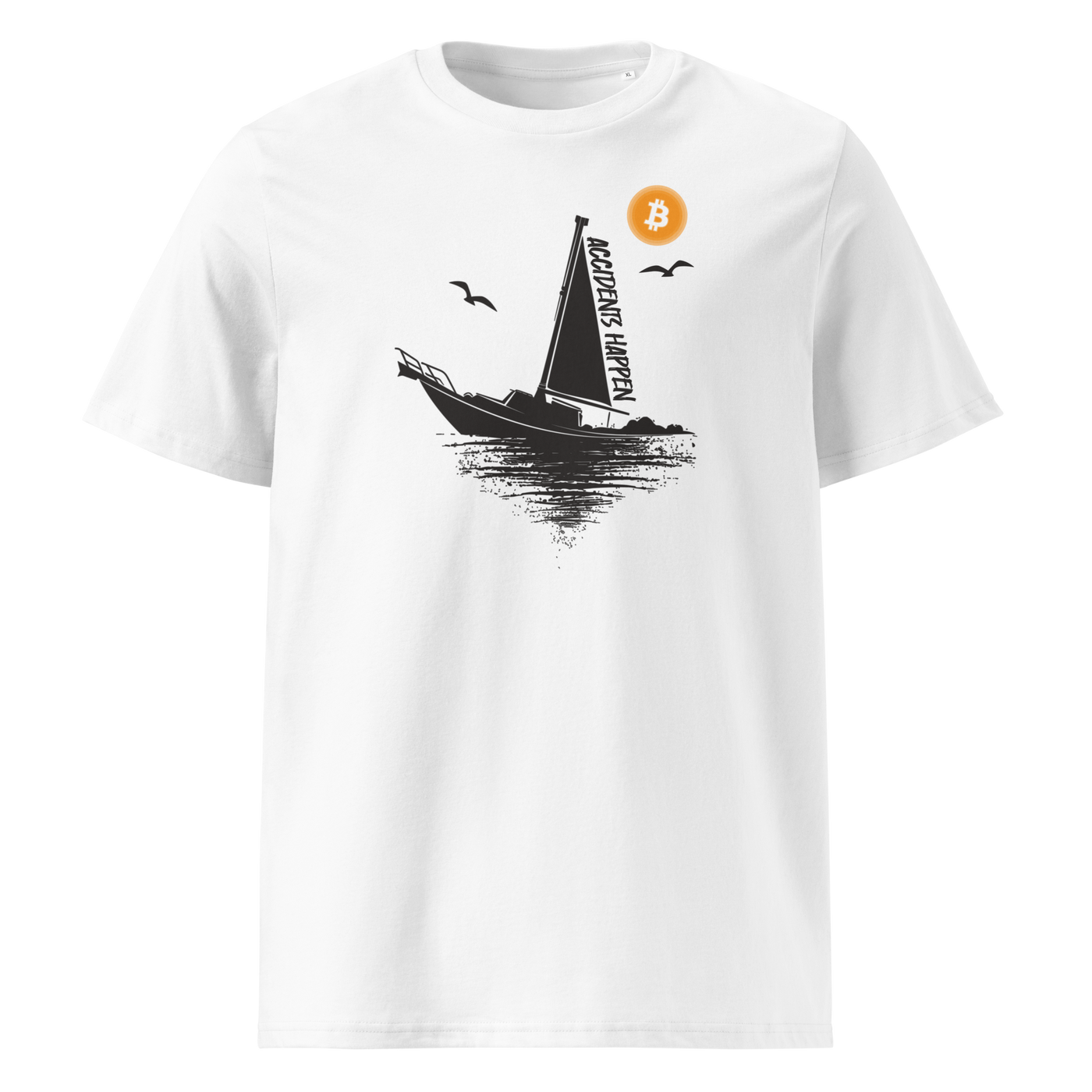 Boat Accident - Accidents Happen organic cotton bitcoin t-shirt in White, front view: a black sailboat under an orange bitcoin sun, captioned Accidents Happen.