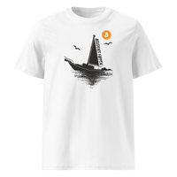 Boat Accident - Accidents Happen organic cotton bitcoin t-shirt in White, front view: a black sailboat under an orange bitcoin sun, captioned Accidents Happen.