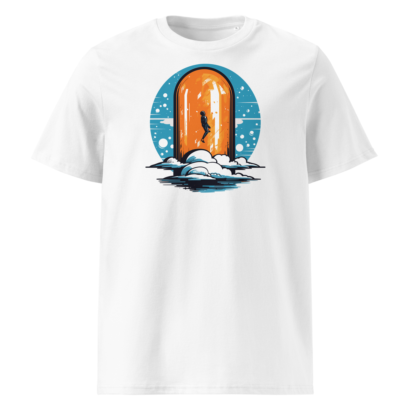 Orange Pill organic cotton bitcoin t-shirt in White, front view: a silhouette stepping through an orange pill shaped doorway above the clouds.