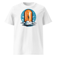 Orange Pill organic cotton bitcoin t-shirt in White, front view: a silhouette stepping through an orange pill shaped doorway above the clouds.