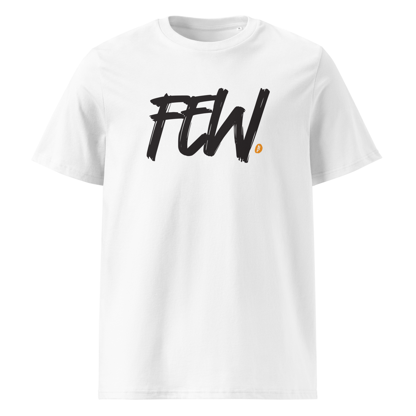 Few organic cotton bitcoin t-shirt in White, front view: FEW. in black brush lettering with an orange bitcoin dot.