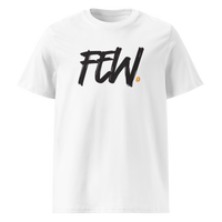 Few organic cotton bitcoin t-shirt in White, front view: FEW. in black brush lettering with an orange bitcoin dot.