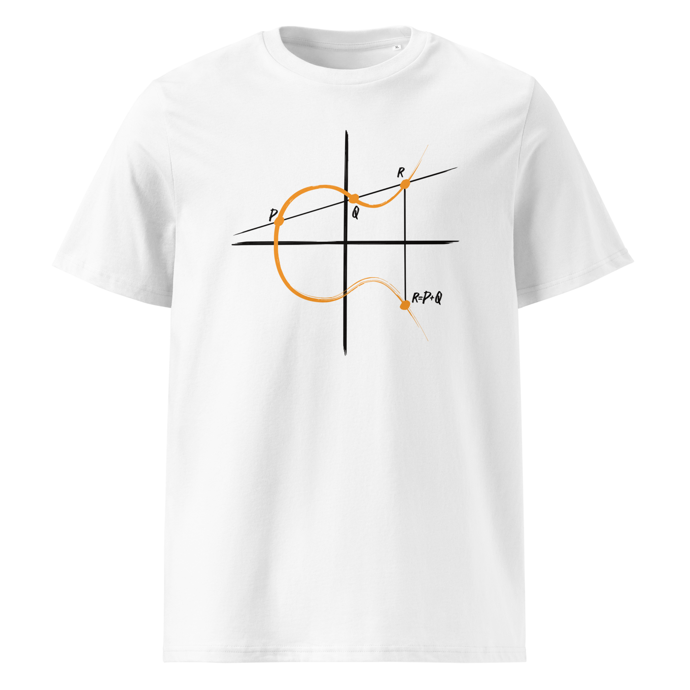 Elliptic Curve Cryptography organic cotton bitcoin t-shirt in White, front view: a line drawing of an elliptic curve with the points P, Q and R.