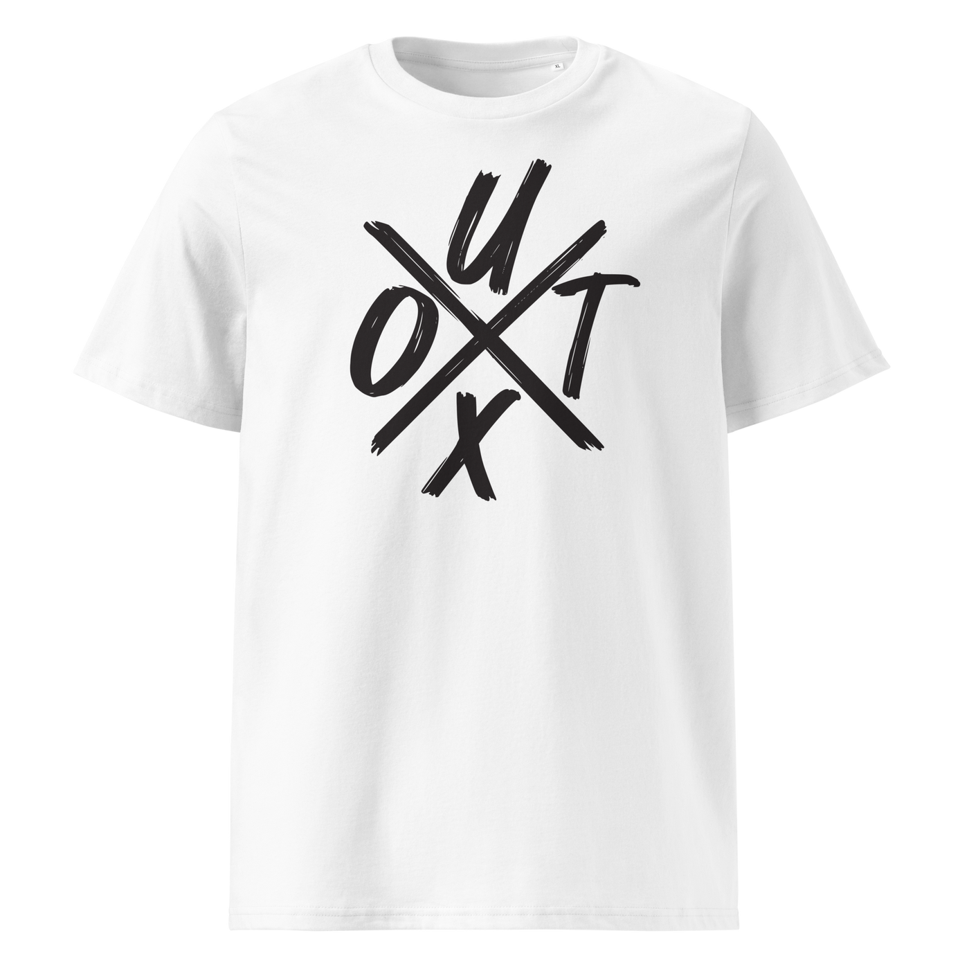 UTXO Management organic cotton bitcoin t-shirt in White, front view: the letters UTXO arranged around a brushed cross.