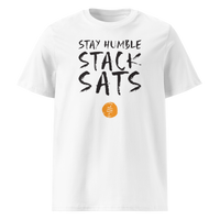 Stay Humble Stack Sats organic cotton bitcoin t-shirt in White, front view: Stay Humble Stack Sats in black lettering above an orange sats coin.