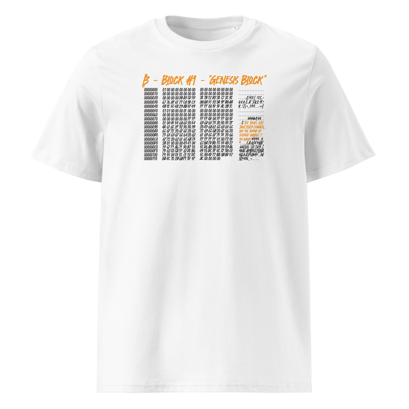 Genesis Block organic cotton bitcoin t-shirt in White, front view: the raw data of Bitcoin's genesis block in grey and orange.