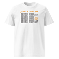 Genesis Block organic cotton bitcoin t-shirt in White, front view: the raw data of Bitcoin's genesis block in grey and orange.