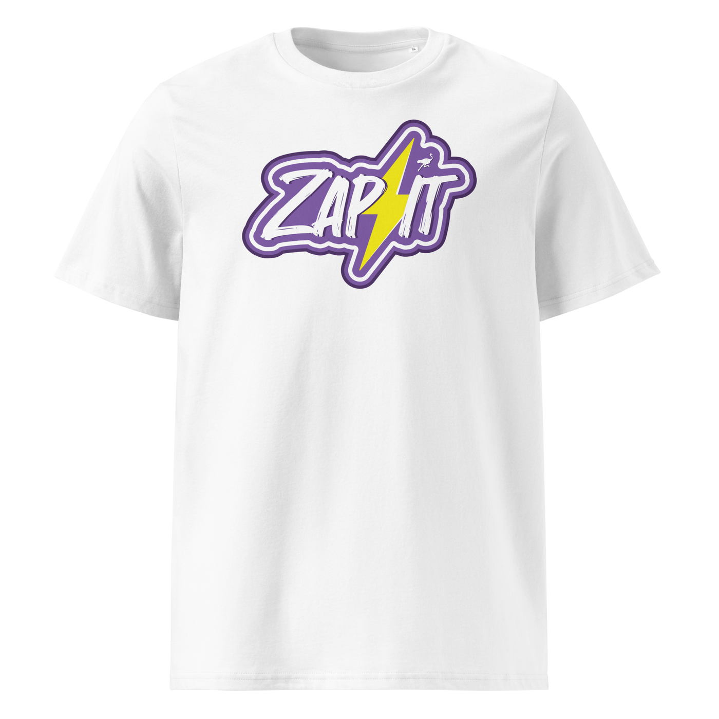 Zap It Nostr organic cotton nostr t-shirt in White, front view: Zap It in purple graffiti letters with a yellow lightning bolt.