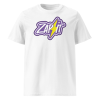 Zap It Nostr organic cotton nostr t-shirt in White, front view: Zap It in purple graffiti letters with a yellow lightning bolt.