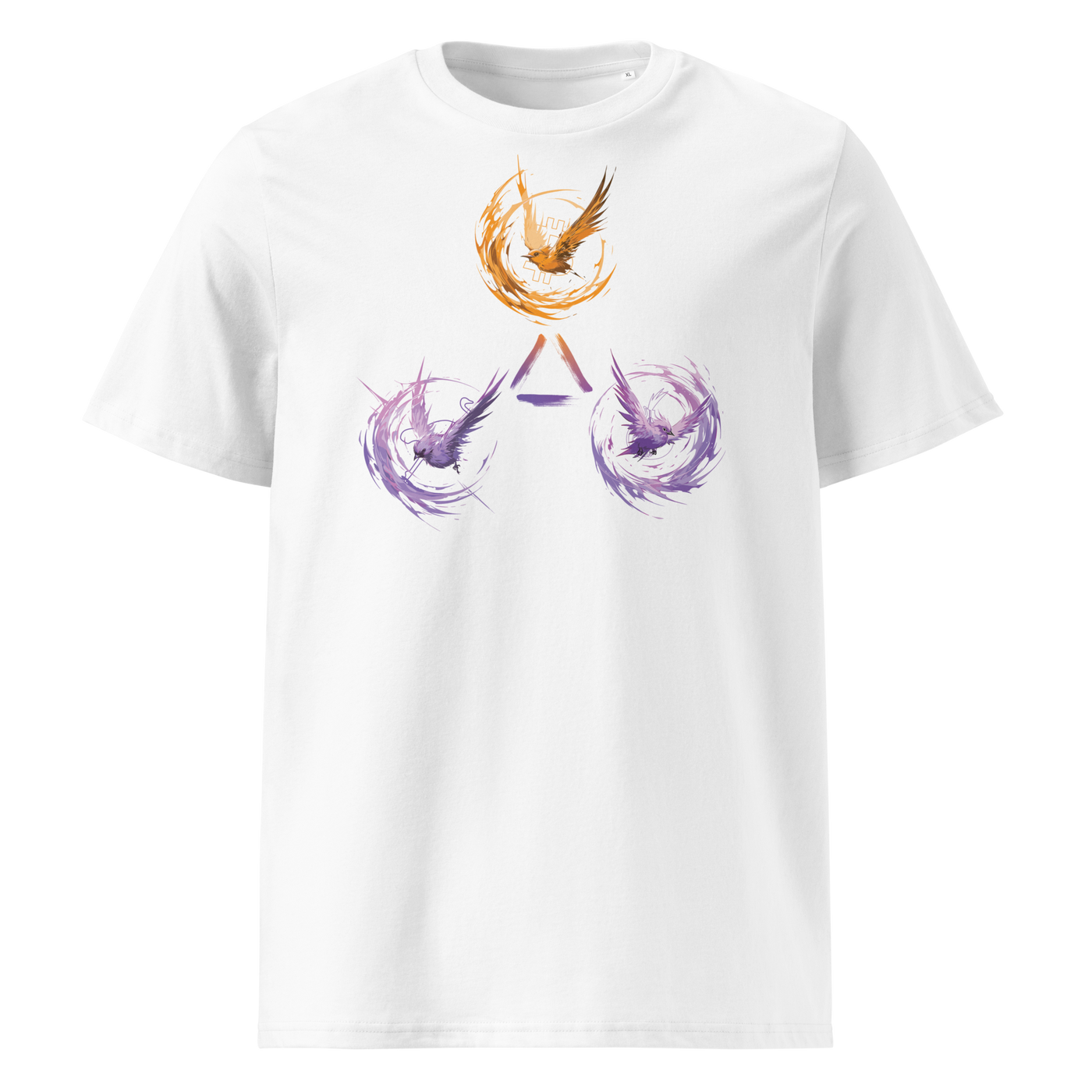 Trinity of Freedom organic cotton bitcoin t-shirt in White, front view: three stylised birds, one orange and two purple, around a triangle.