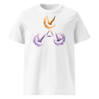 Trinity of Freedom organic cotton bitcoin t-shirt in White, front view: three stylised birds, one orange and two purple, around a triangle.