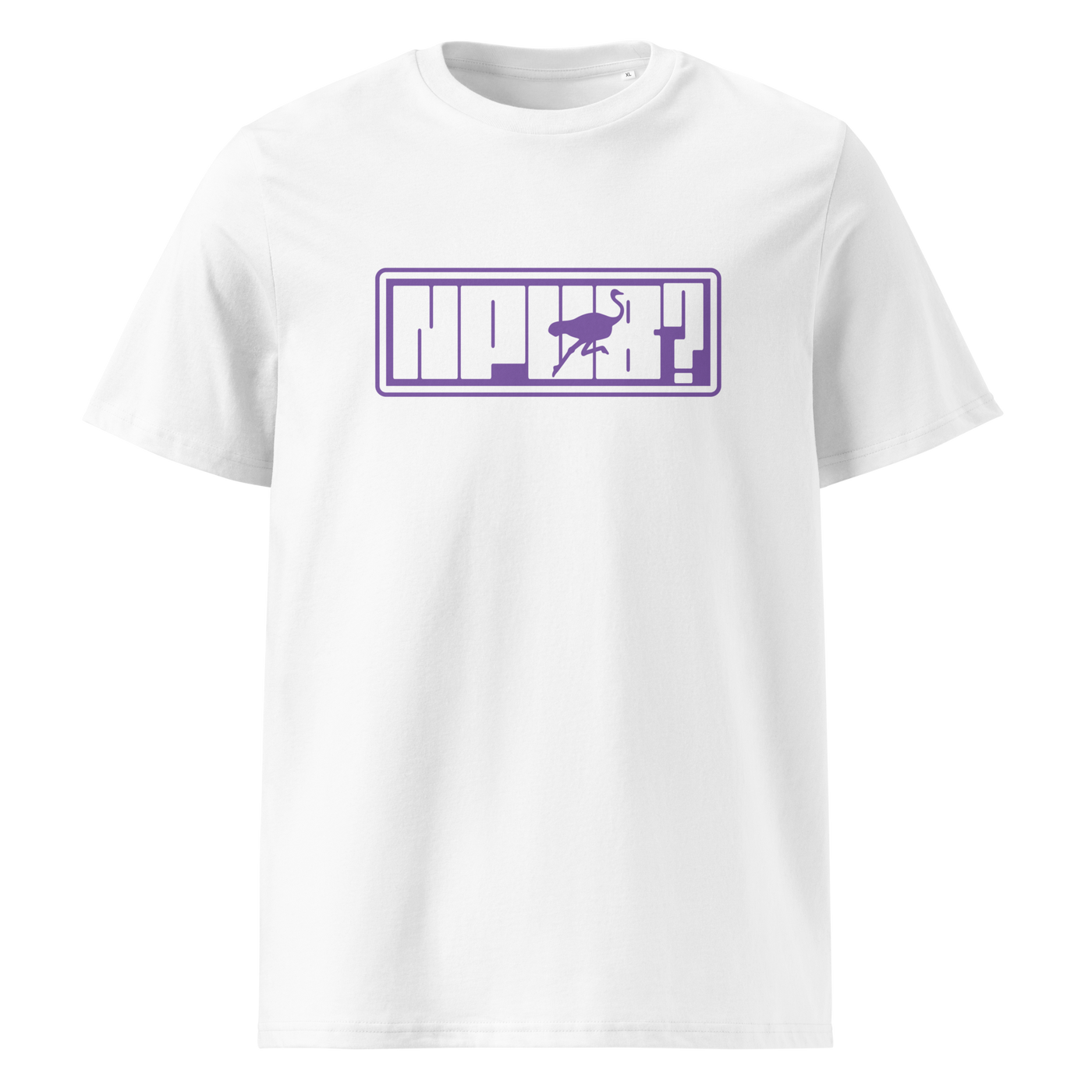 nPub Nostr organic cotton nostr t-shirt in White, front view: nPub in purple letters in a frame with an ostrich.