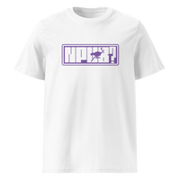 nPub Nostr organic cotton nostr t-shirt in White, front view: nPub in purple letters in a frame with an ostrich.