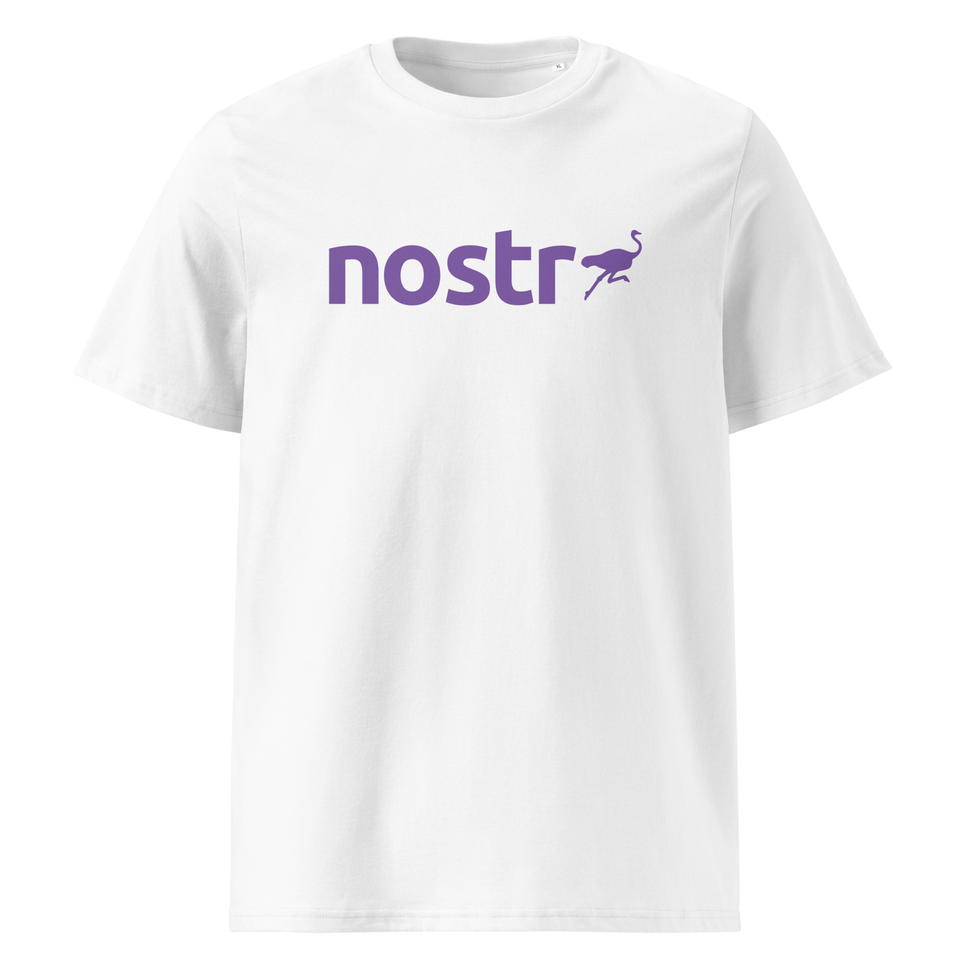 Nostr organic cotton nostr t-shirt in White, front view: the nostr wordmark in purple with an ostrich.