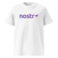 Nostr organic cotton nostr t-shirt in White, front view: the nostr wordmark in purple with an ostrich.