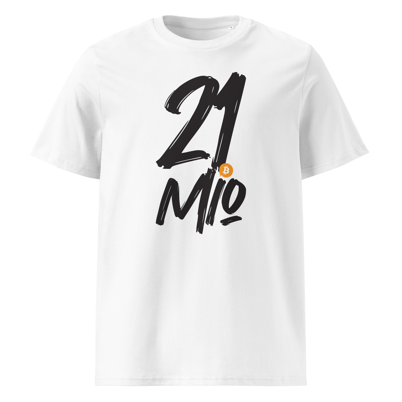 21 Million organic cotton bitcoin t-shirt in White, front view: 21 Mio. in black brush lettering with an orange bitcoin coin.
