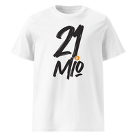 21 Million organic cotton bitcoin t-shirt in White, front view: 21 Mio. in black brush lettering with an orange bitcoin coin.