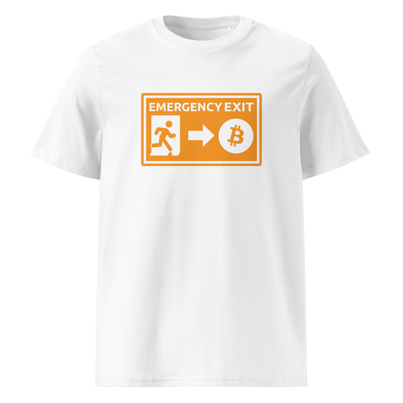 Emergency Exit organic cotton bitcoin t-shirt in White, front view: an orange emergency exit sign where the running figure heads towards a bitcoin symbol.