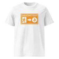 Emergency Exit organic cotton bitcoin t-shirt in White, front view: an orange emergency exit sign where the running figure heads towards a bitcoin symbol.