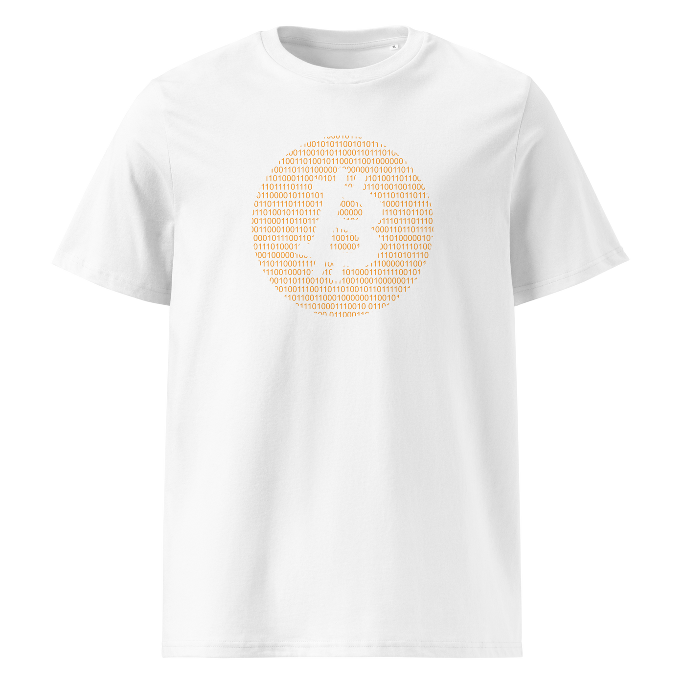 Bitcoin Binary organic cotton bitcoin t-shirt in White, front view: an orange bitcoin symbol built from binary digits.