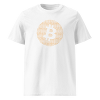 Bitcoin Binary organic cotton bitcoin t-shirt in White, front view: an orange bitcoin symbol built from binary digits.