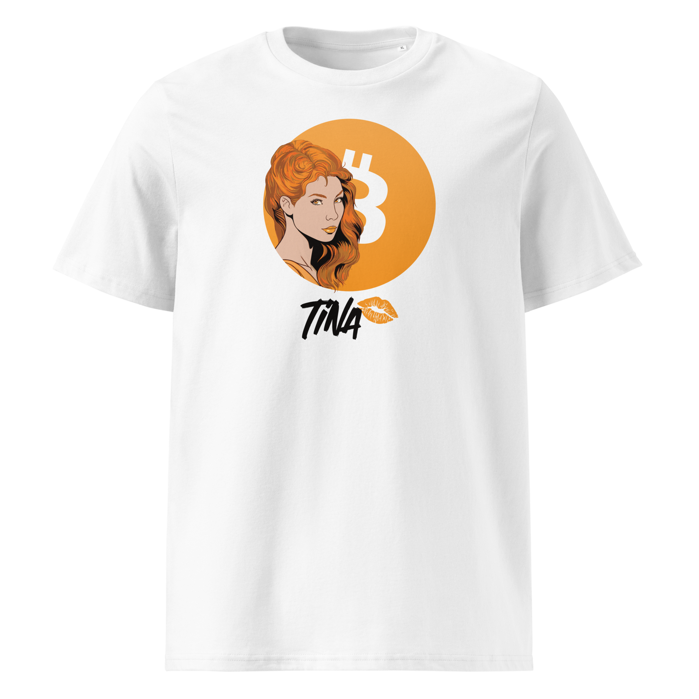 TINA organic cotton bitcoin t-shirt in White, front view: an illustrated red haired woman in front of an orange bitcoin circle, signed TINA.