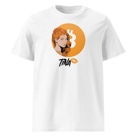 TINA organic cotton bitcoin t-shirt in White, front view: an illustrated red haired woman in front of an orange bitcoin circle, signed TINA.