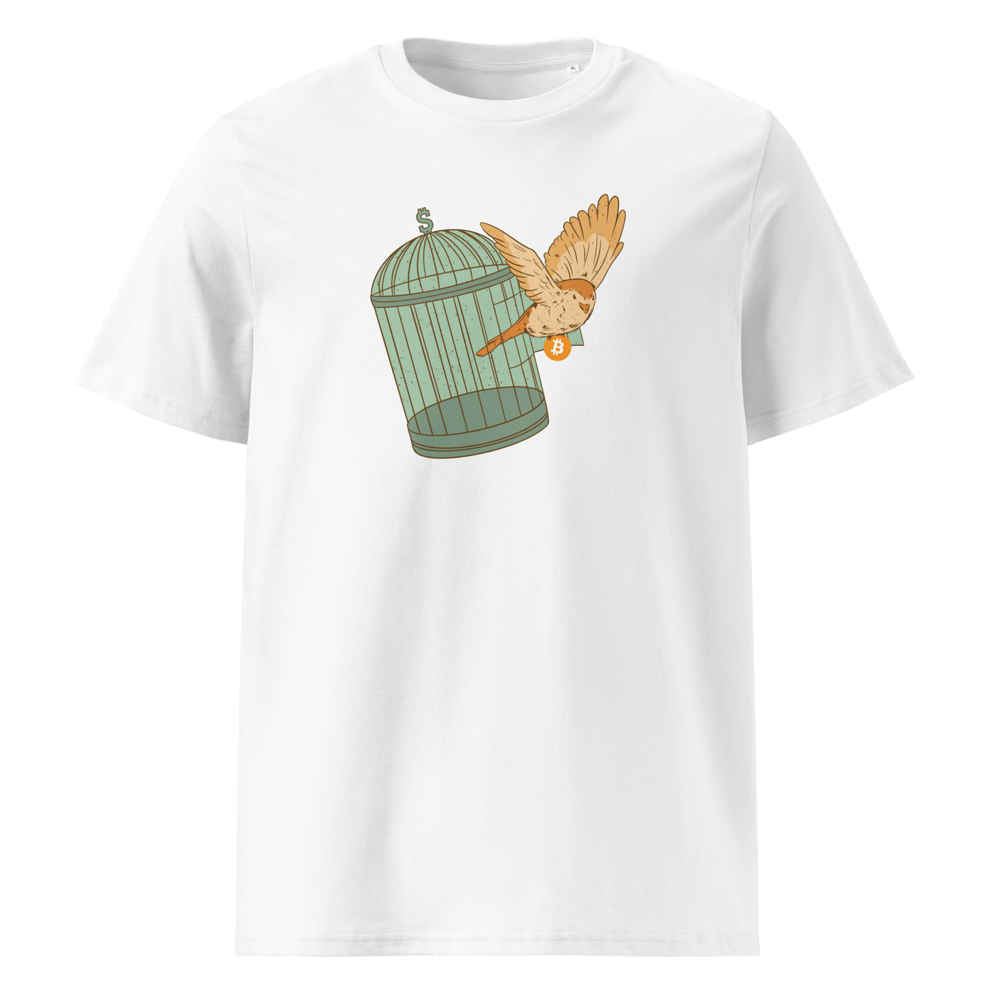 Escape from Fiat Madness organic cotton bitcoin t-shirt in White, front view: an orange bird escaping from an open green birdcage.